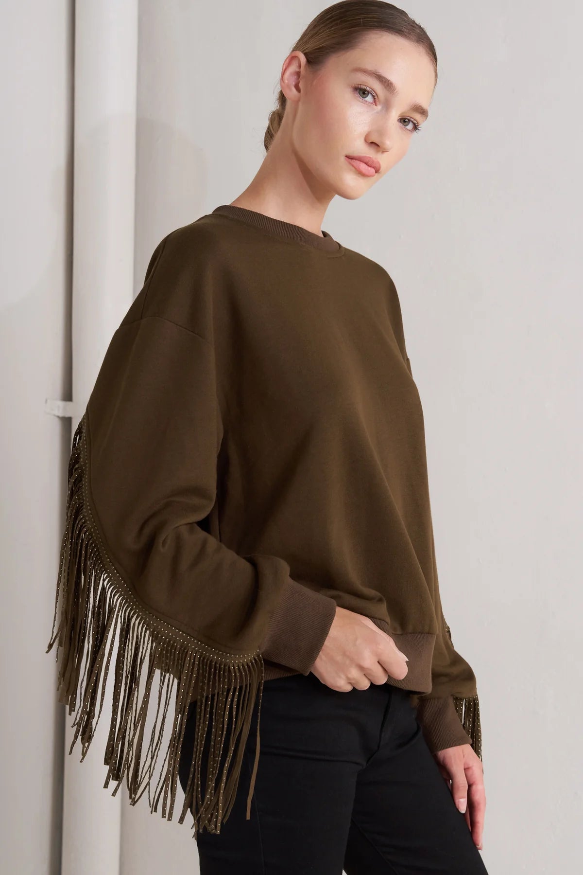 Tori Brown Fringe Sweater